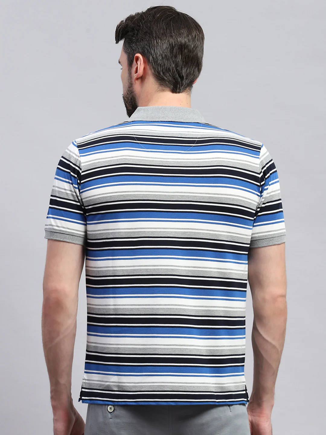 Men Grey & Blue Stripe Collar Half Sleeve T-Shirt - Image 5