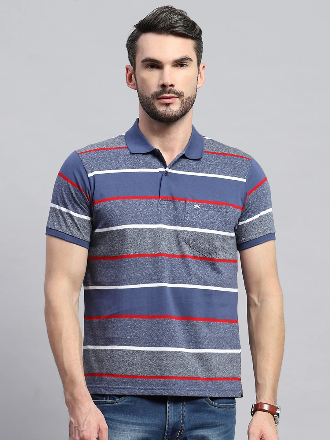 Men Grey & Blue Stripe Collar Half Sleeve T-Shirt - Image 2