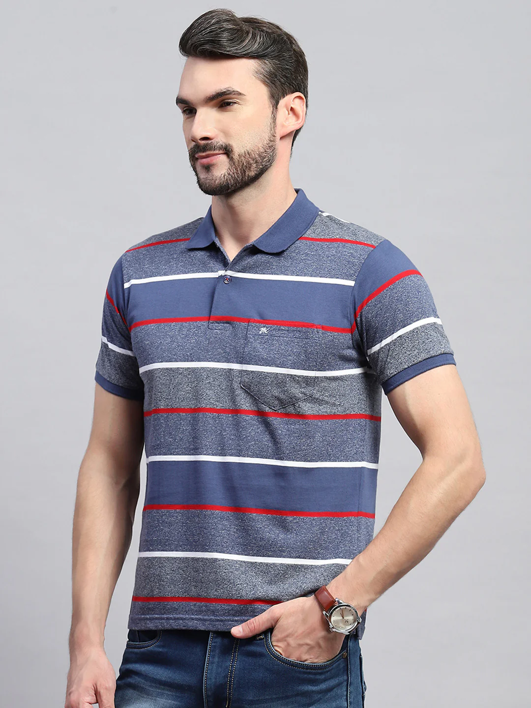Men Grey & Blue Stripe Collar Half Sleeve T-Shirt - Image 3