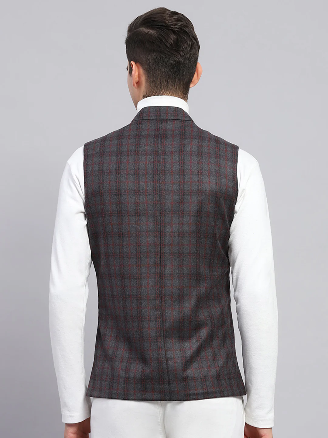 Men Grey Check Band Collar Sleeveless Jacket - Image 5