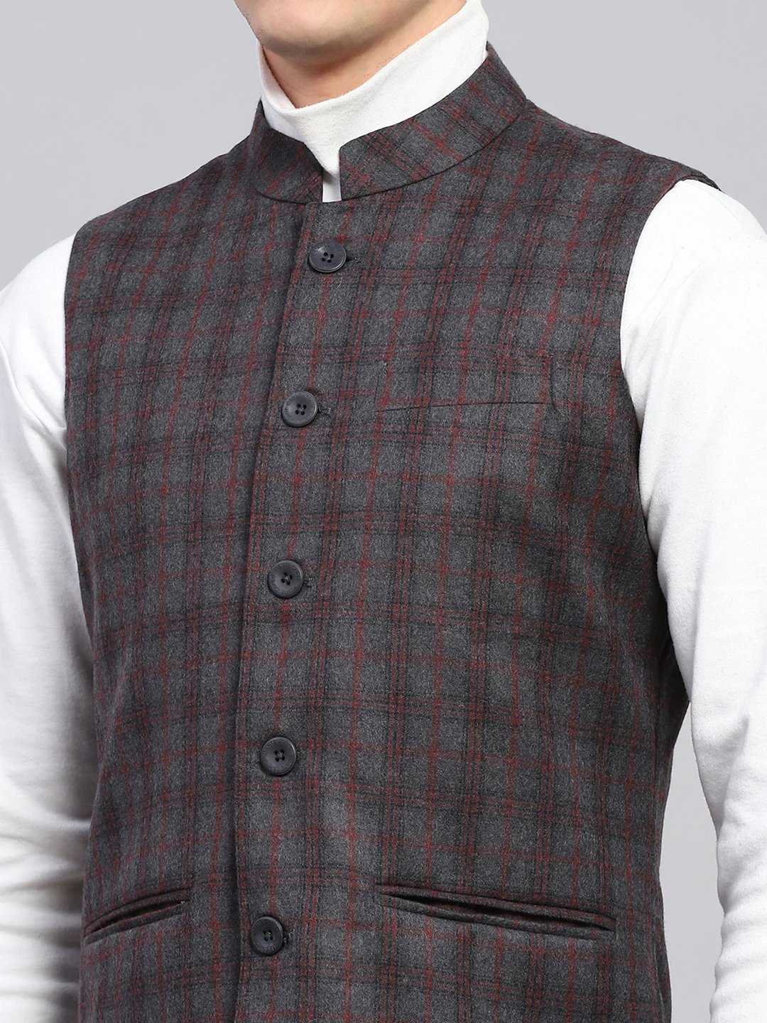 Men Grey Check Band Collar Sleeveless Jacket - Image 7