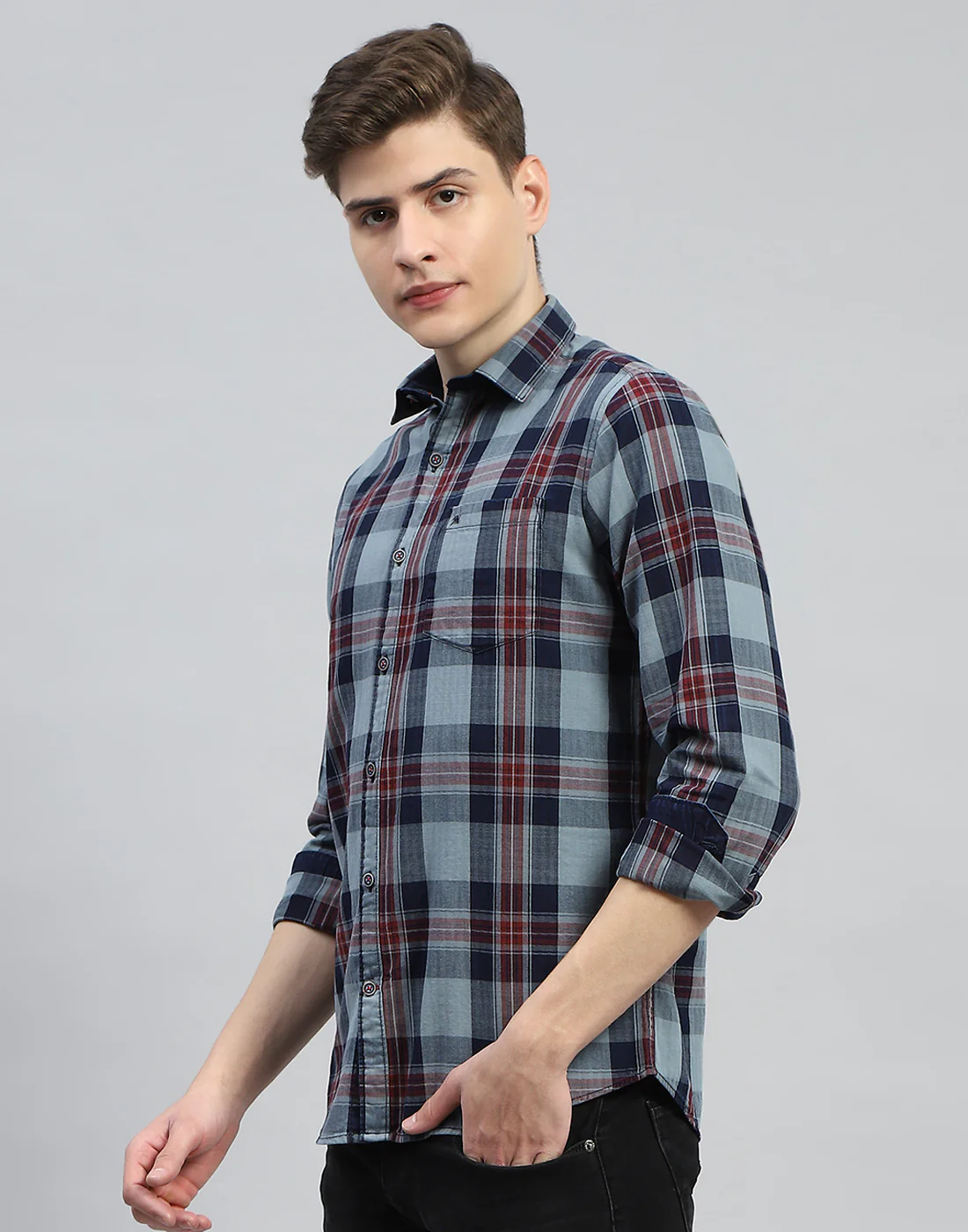 Men Grey Check Collar Full Sleeve Shirt - Image 3