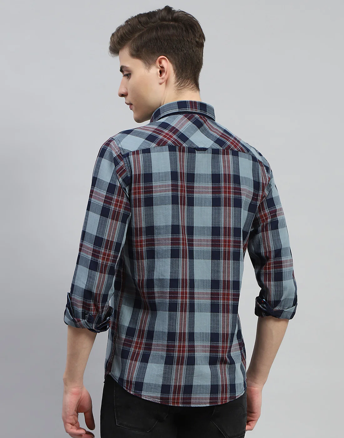 Men Grey Check Collar Full Sleeve Shirt - Image 5