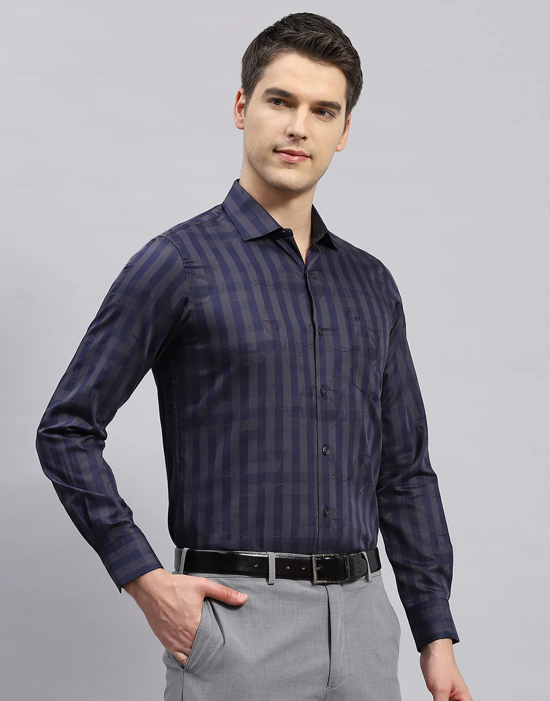 Men Grey Check Collar Full Sleeve Shirt - Image 4
