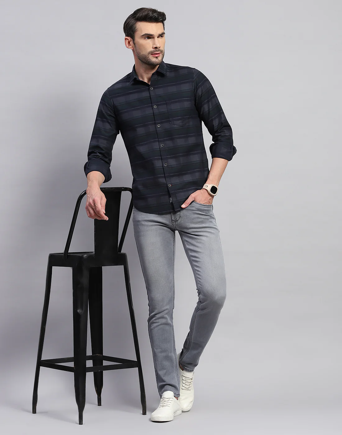 Men Grey Check Collar Neck Full Sleeve Shirt - Image 2
