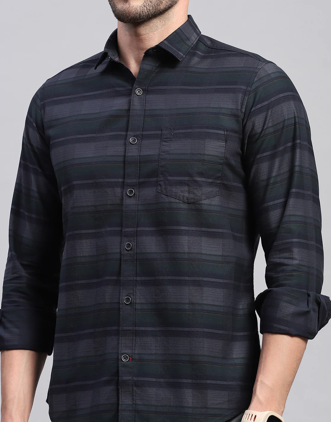 Men Grey Check Collar Neck Full Sleeve Shirt - Image 6