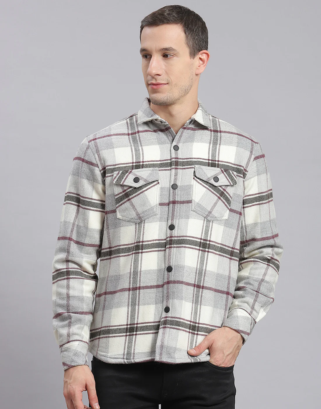 Men Grey Check Collar Sleeveless Shirt - Image 2