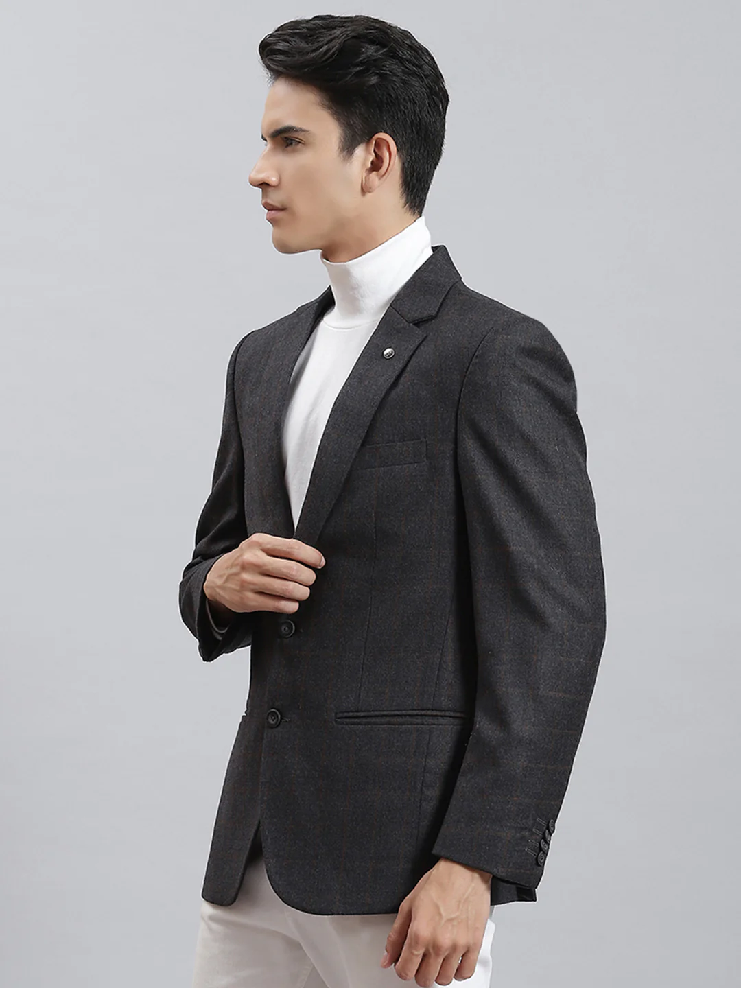 Men Grey Check Lapel Collar Full Sleeve Coat - Image 3