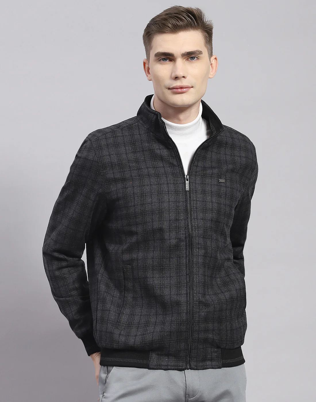 Men Grey Check Mandarin Collar Full Sleeve Jacket - Image 2