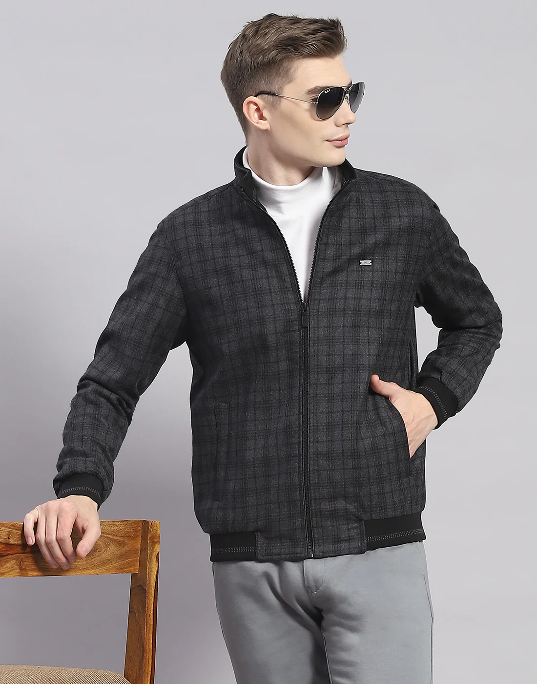 Men Grey Check Mandarin Collar Full Sleeve Jacket - Image 6