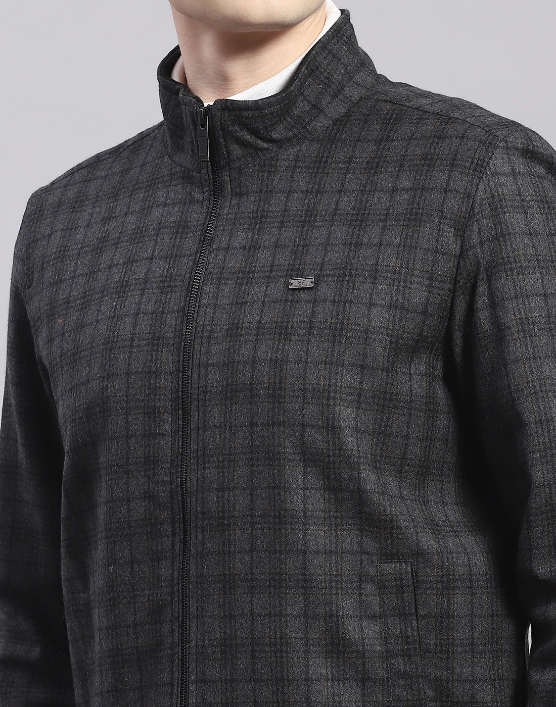 Men Grey Check Mandarin Collar Full Sleeve Jacket - Image 7