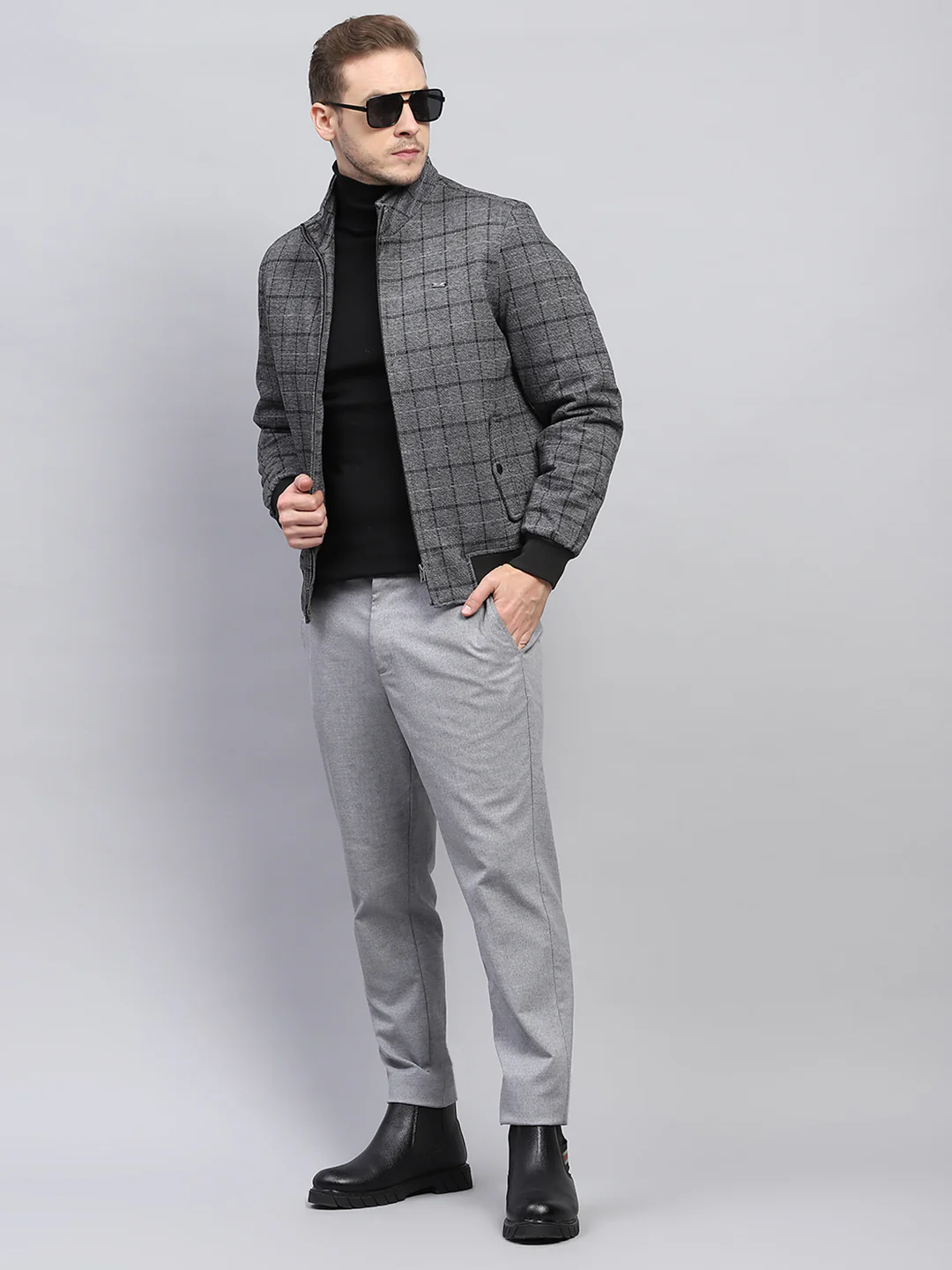 Men Grey Check Mock Neck Full Sleeve Coat - Image 2