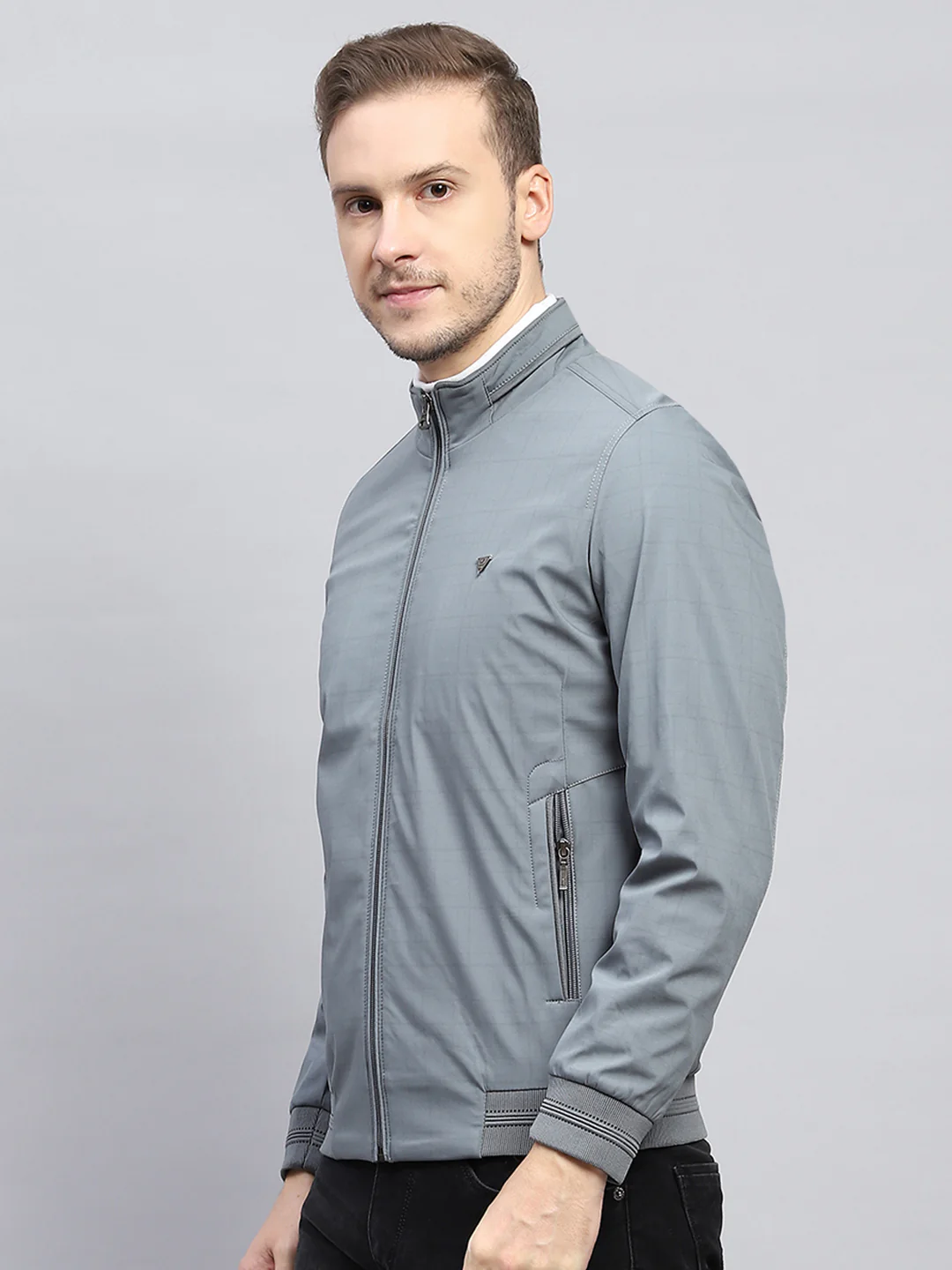 Men Grey Check Mock Neck Full Sleeve Jacket - Image 3
