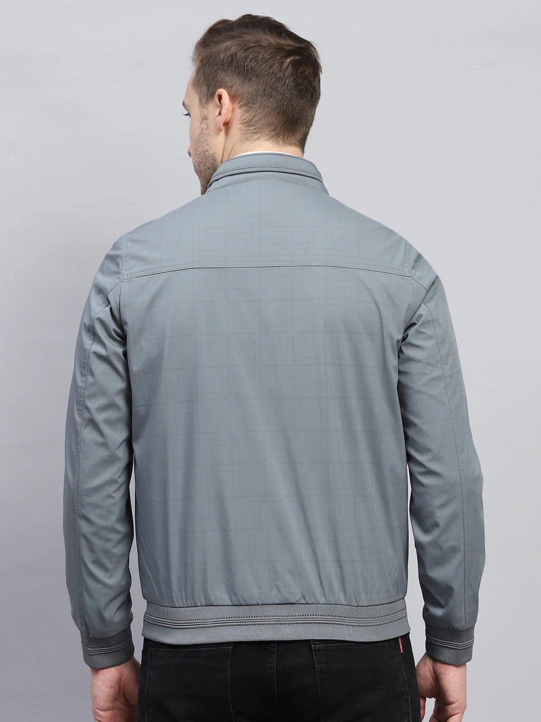 Men Grey Check Mock Neck Full Sleeve Jacket - Image 5