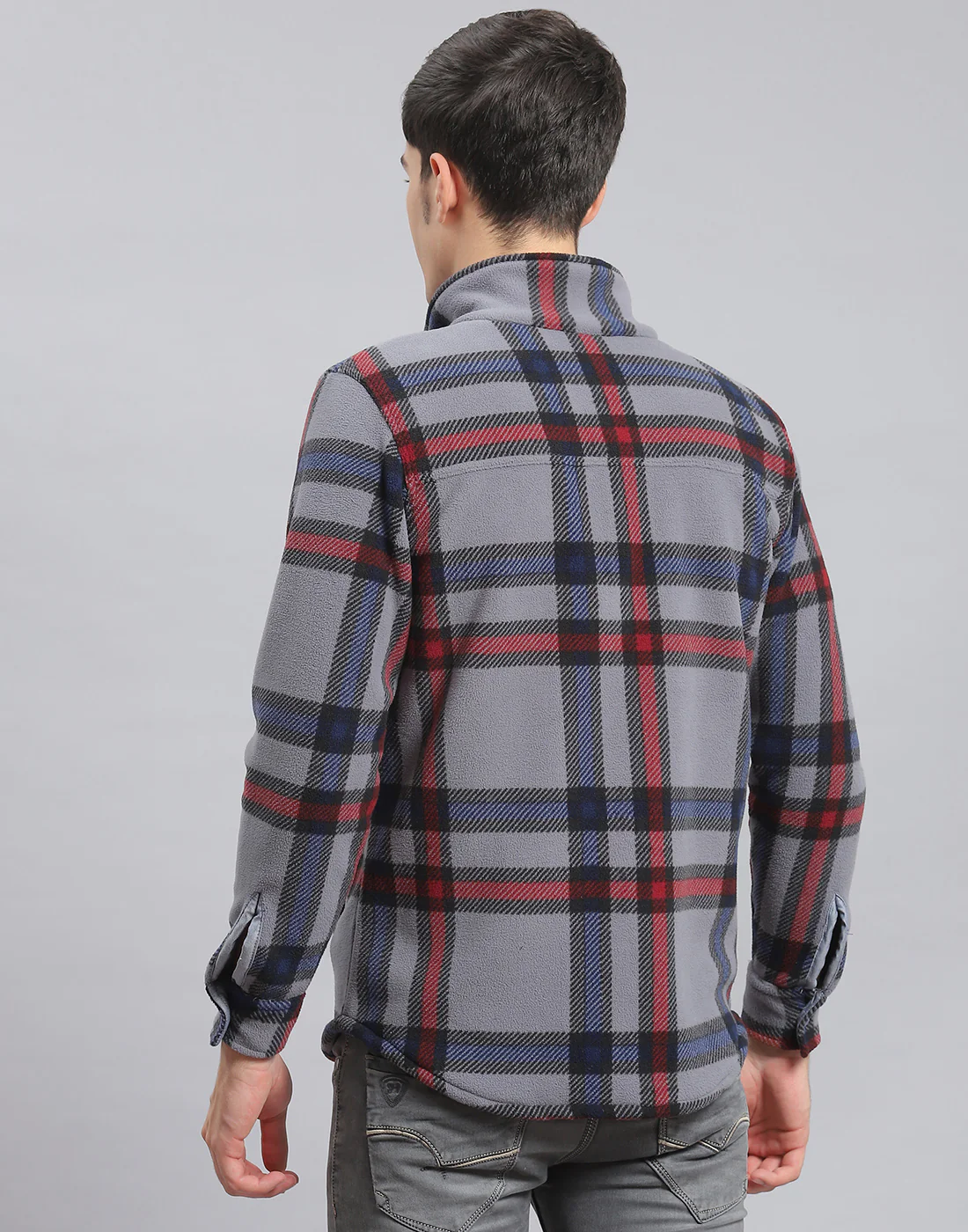 Men Grey Check Stand Collar Full Sleeve Sweatshirt - Image 5