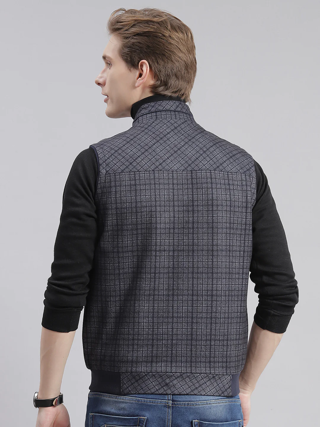 Men Grey Check Stand Collar Sleeveless Jackets - Image 3