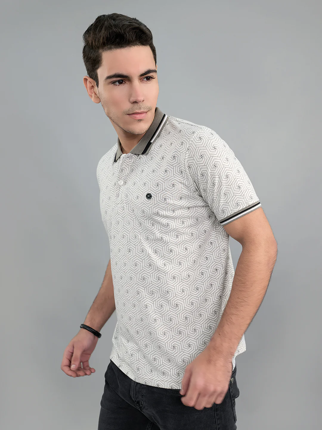 Men Grey Geometric Polo Collar Half Sleeve T-Shirt - Image 3