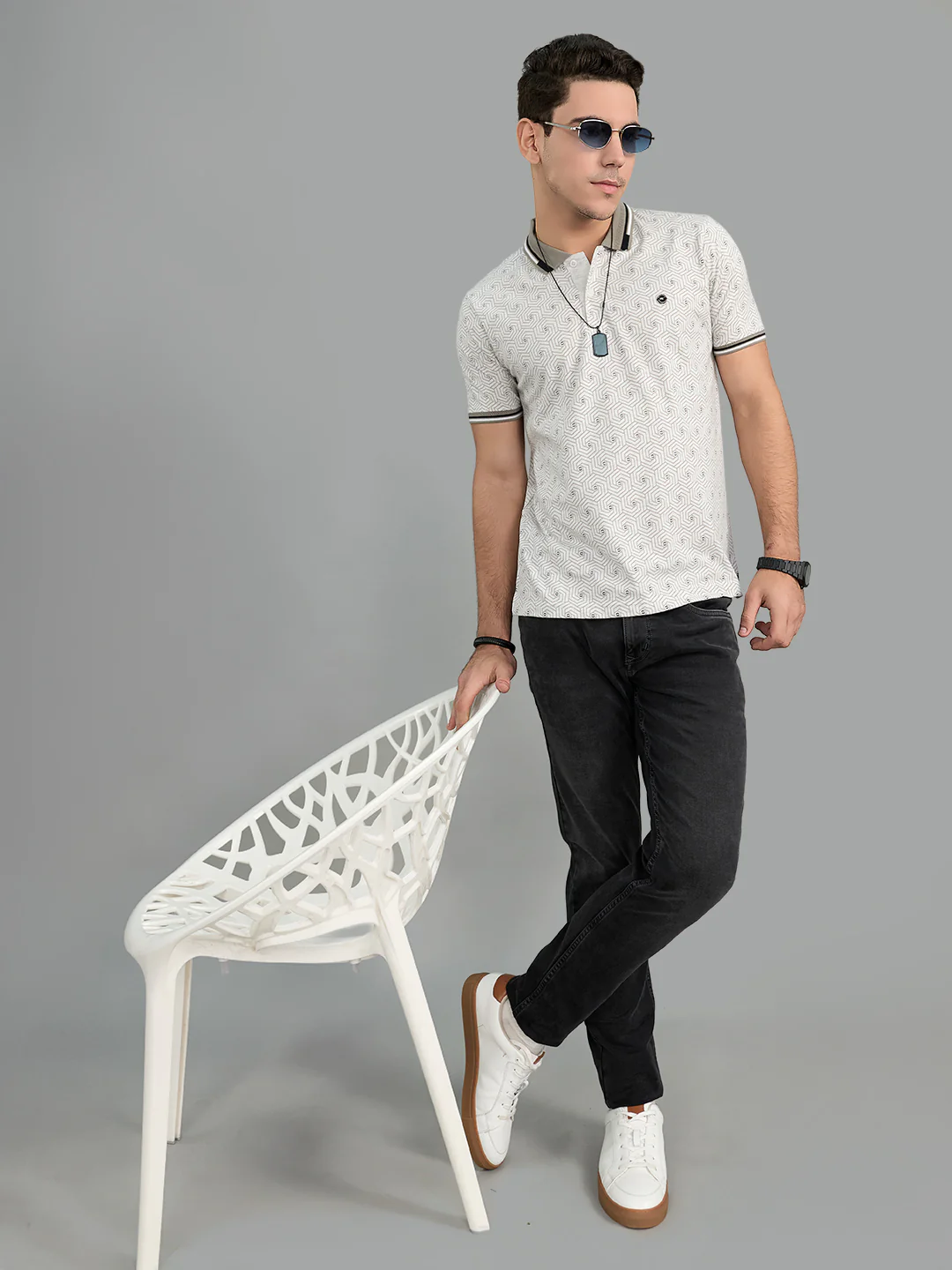 Men Grey Geometric Polo Collar Half Sleeve T-Shirt - Image 6