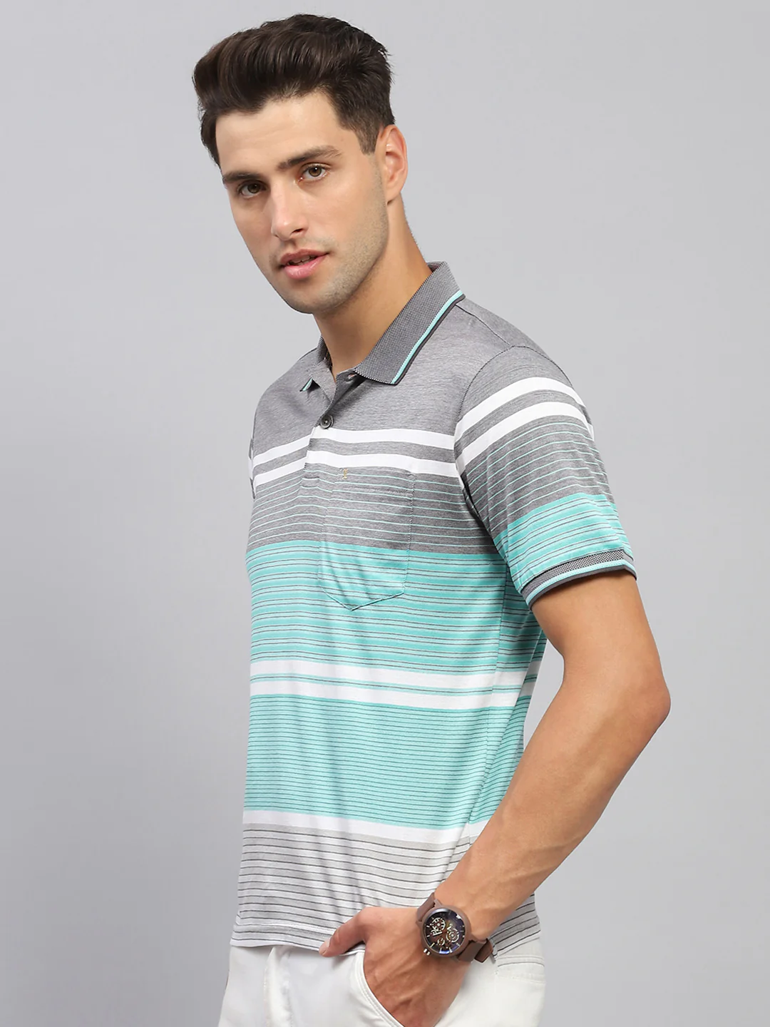 Men Grey & Green Stripe Collar Half Sleeve T-Shirt - Image 3