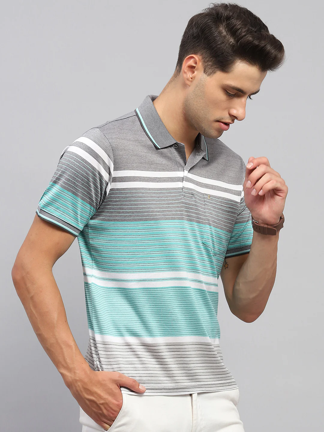 Men Grey & Green Stripe Collar Half Sleeve T-Shirt - Image 4