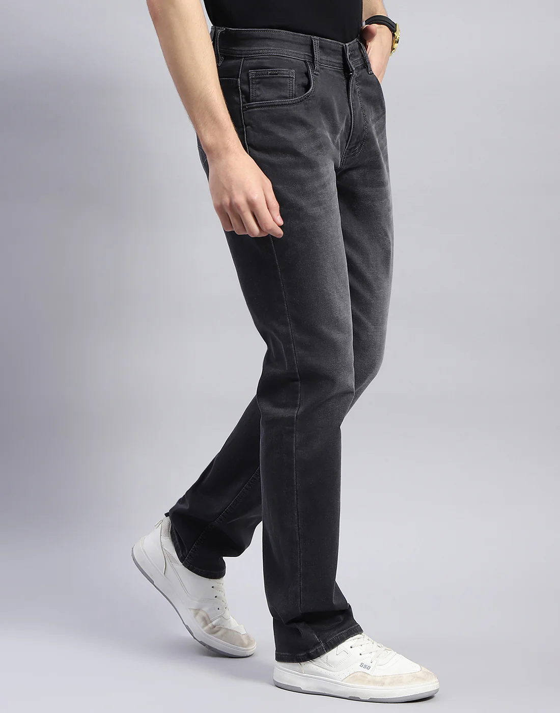Men Grey Light Wash Narrow Fit Denim - Image 4