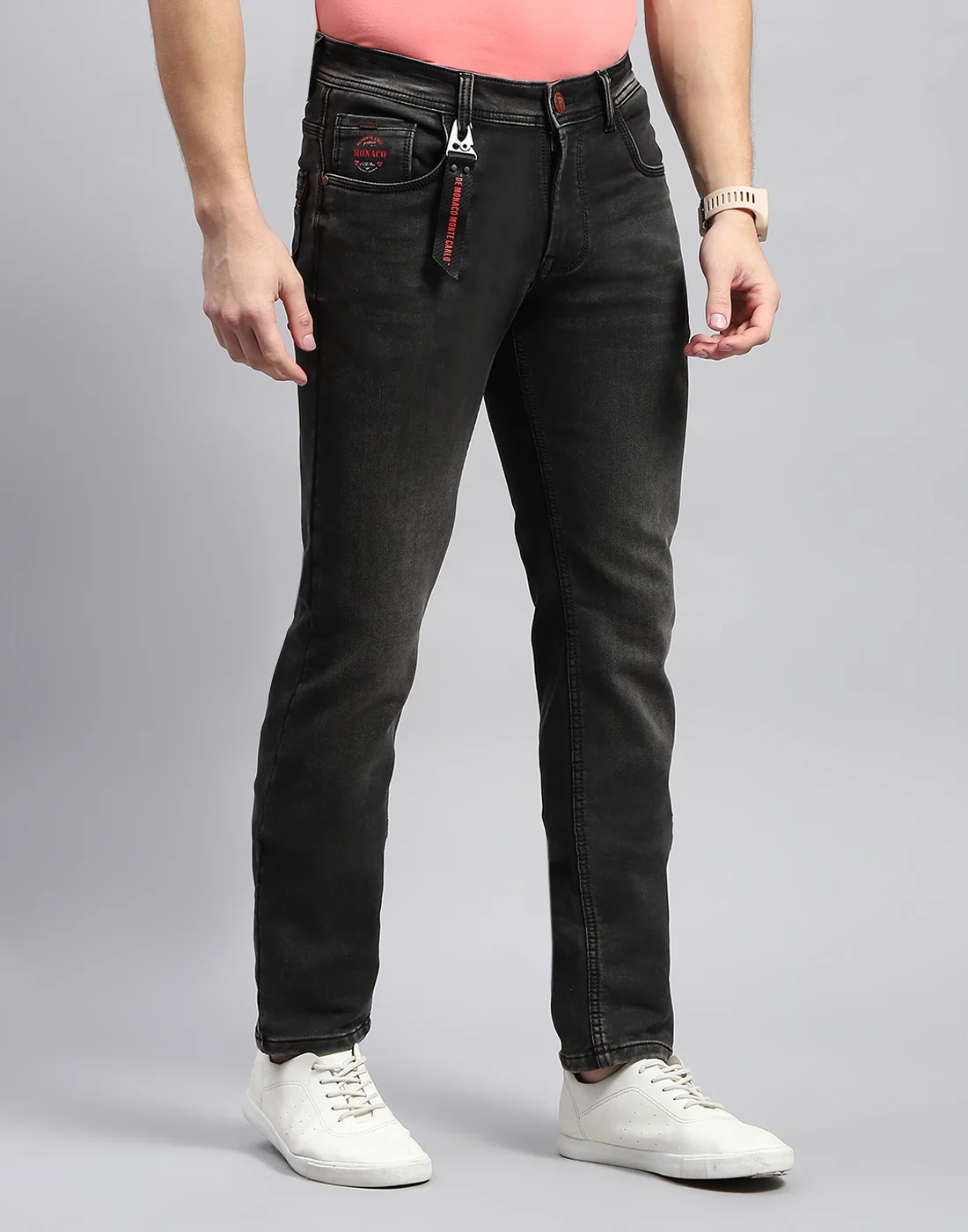 Men Grey Light Wash Narrow Fit Denim - Image 4