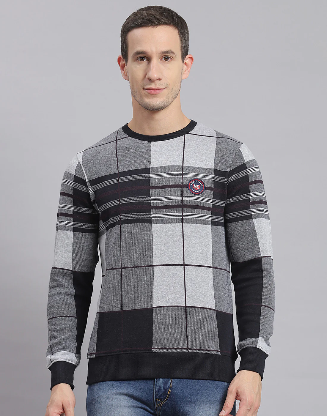 Men Grey Melange Check Round Neck Full Sleeve Sweatshirt - Image 2