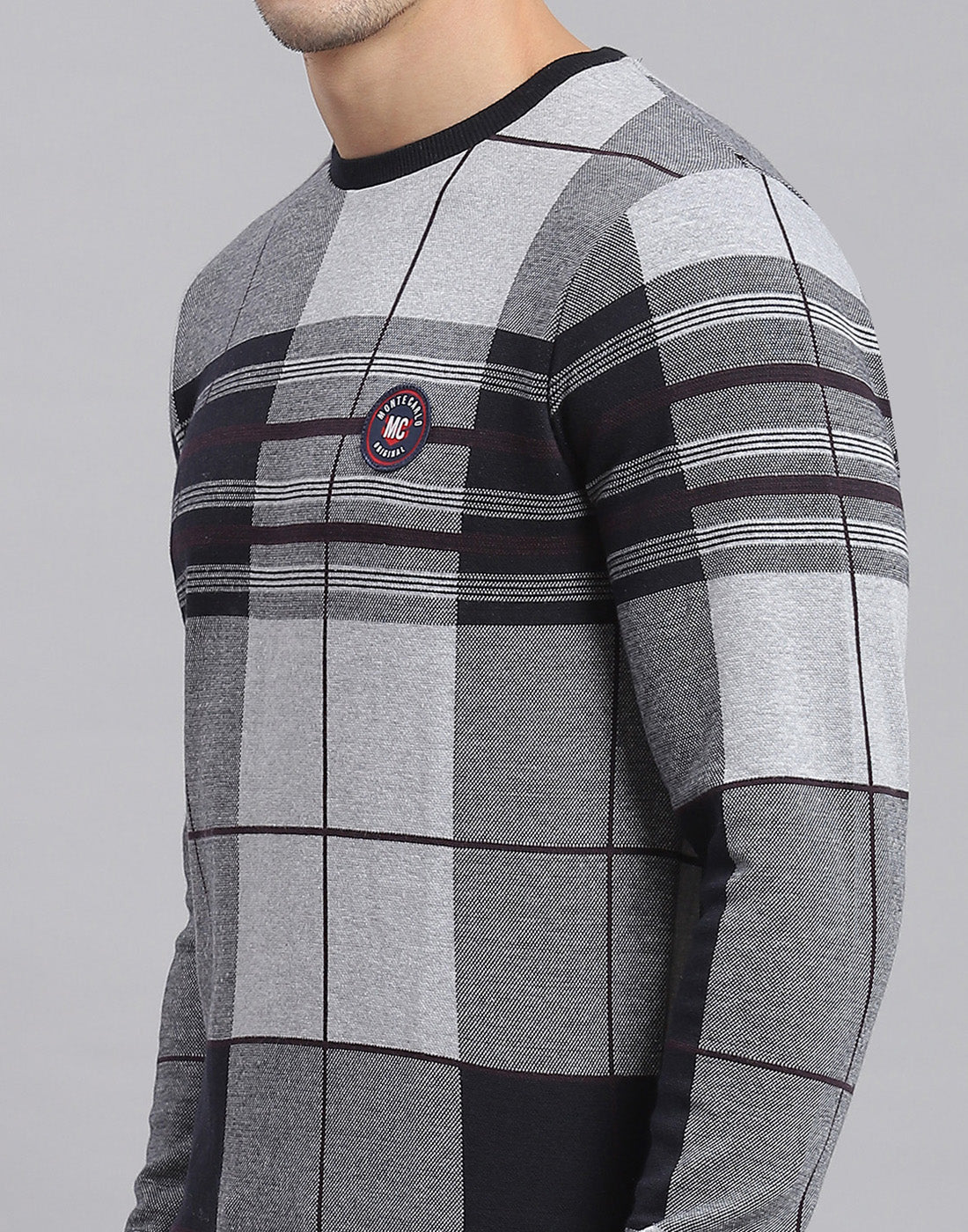 Men Grey Melange Check Round Neck Full Sleeve Sweatshirt - Image 7
