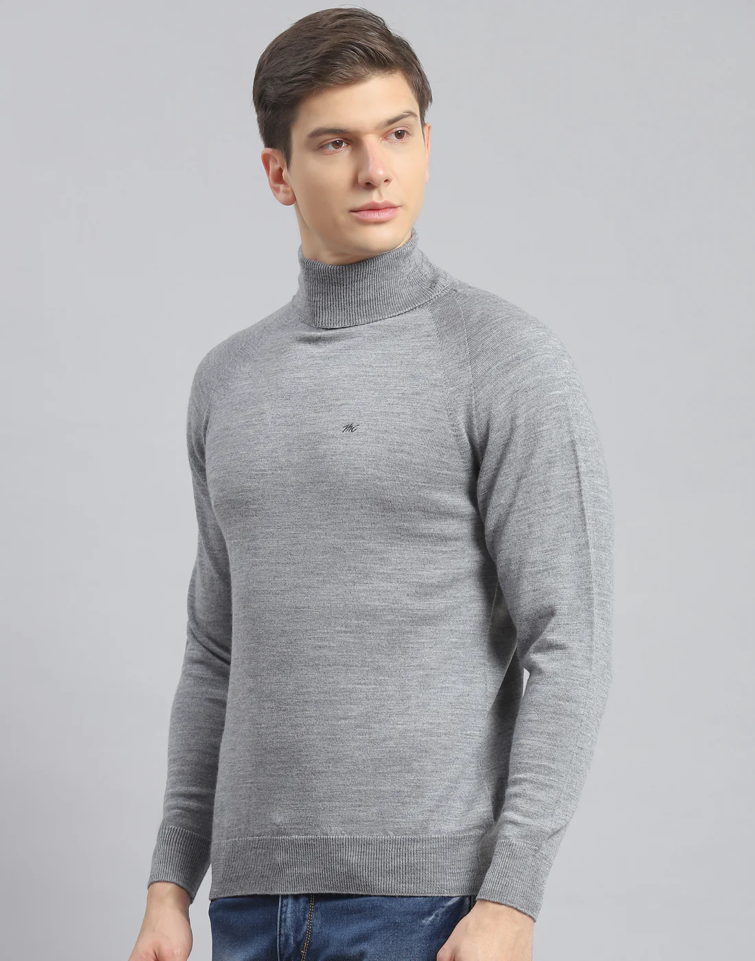 Men Grey Melange Solid H Neck Full Sleeve Pullover - Image 3