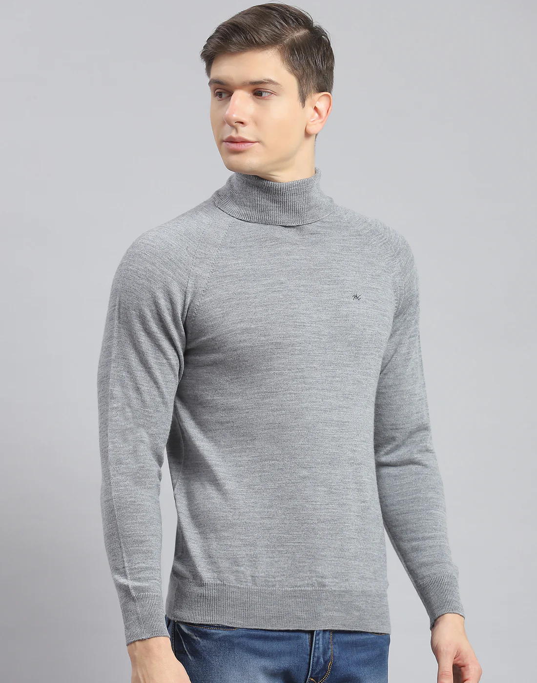 Men Grey Melange Solid H Neck Full Sleeve Pullover - Image 4