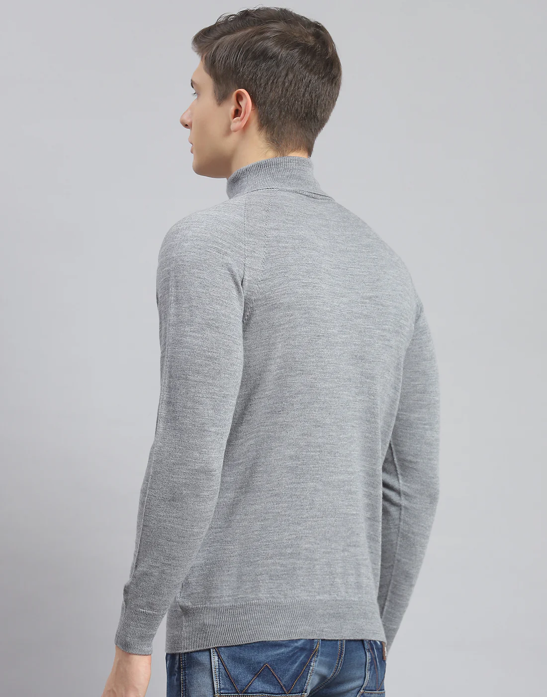 Men Grey Melange Solid High Neck Full Sleeve Pullover - Image 5