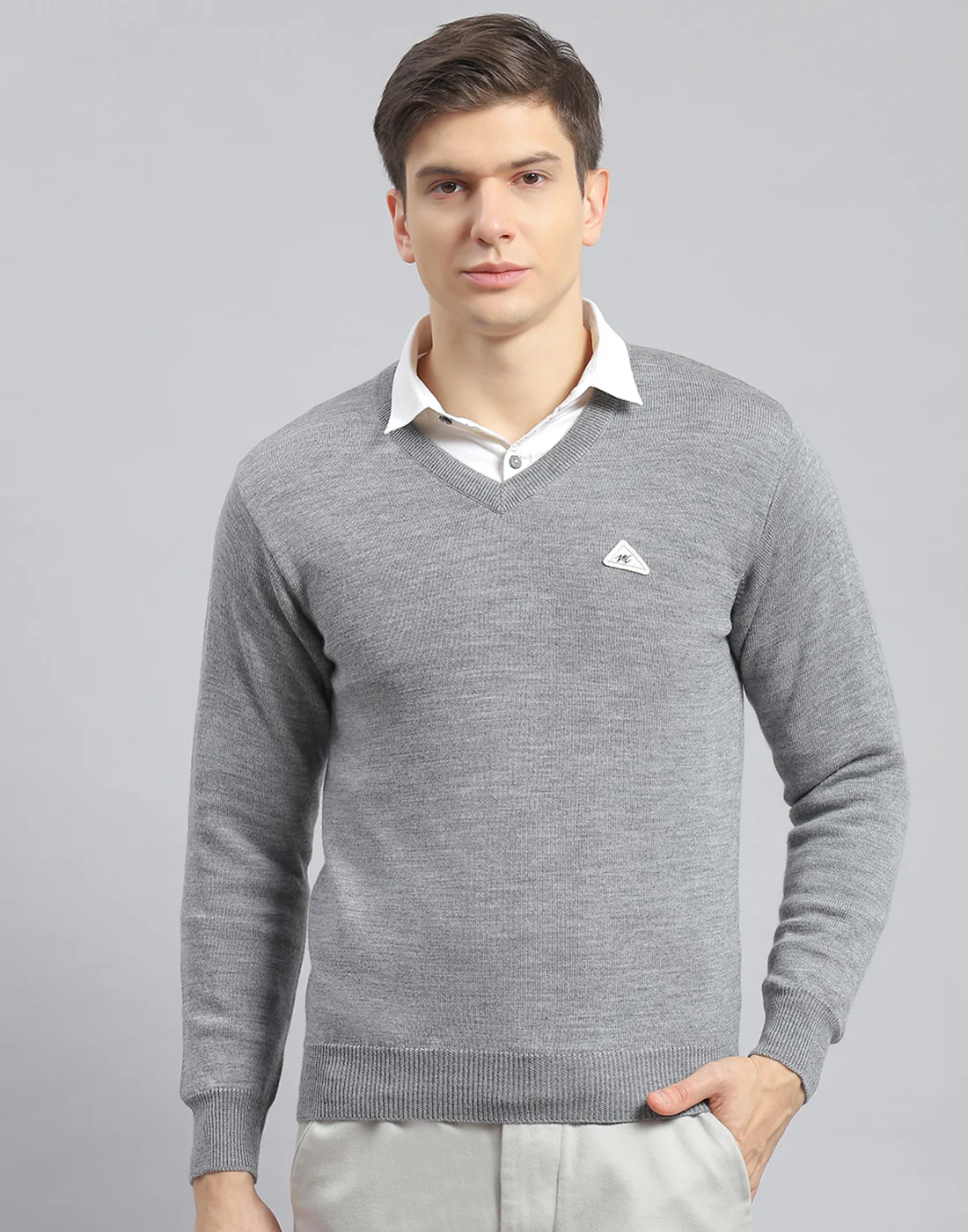 Men Grey Melange Solid V Neck Full Sleeve Pullover - Image 3