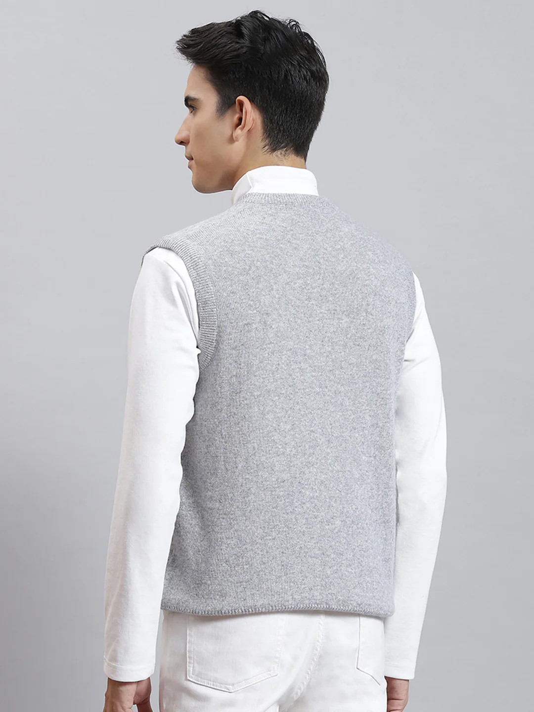 Men Grey Melange Solid V Neck Sleeveless Sweaters/Pullovers - Image 5