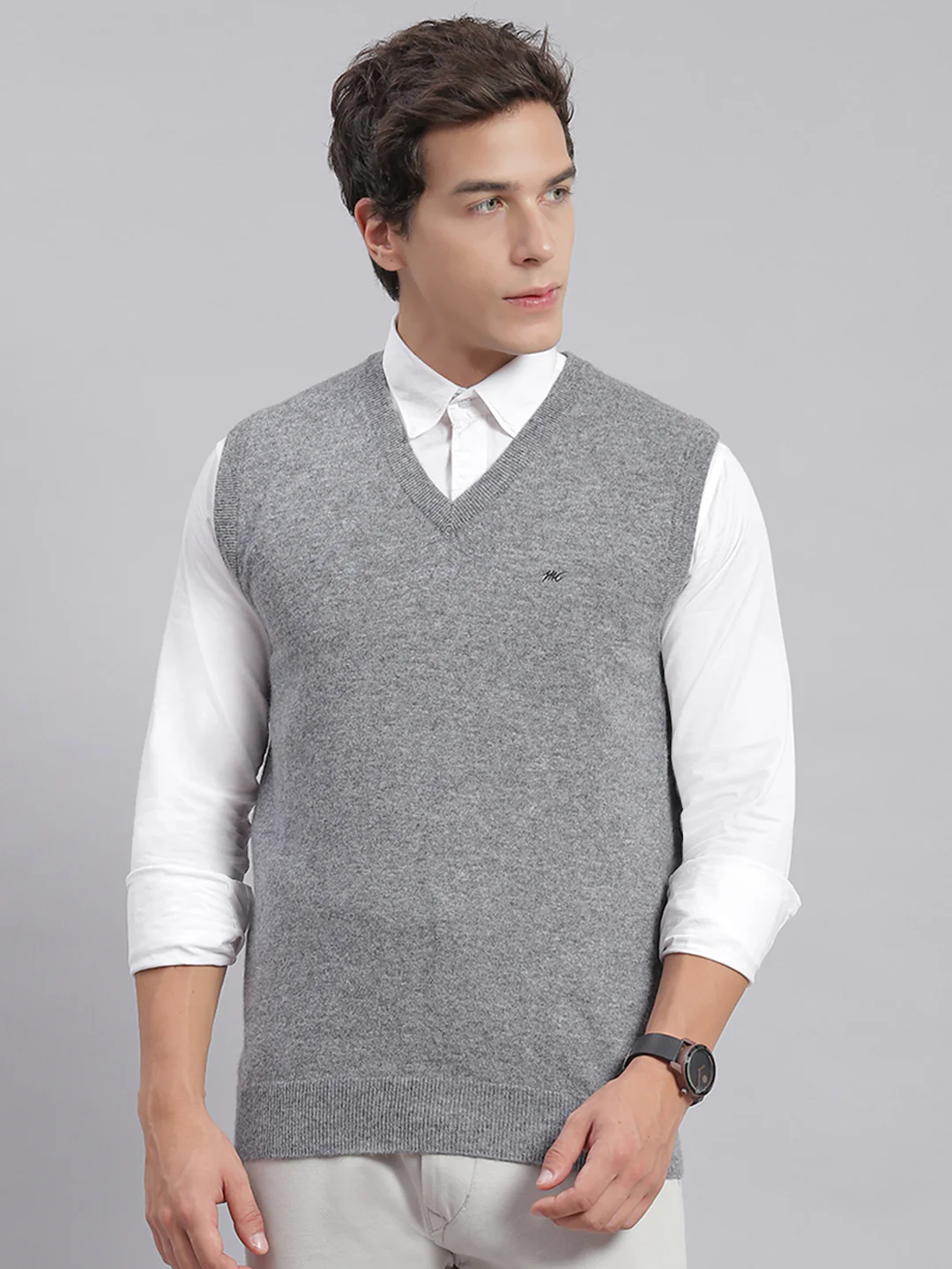 Men Grey Melange Solid V Neck Sleeveless Sweaters/Pullovers - Image 3