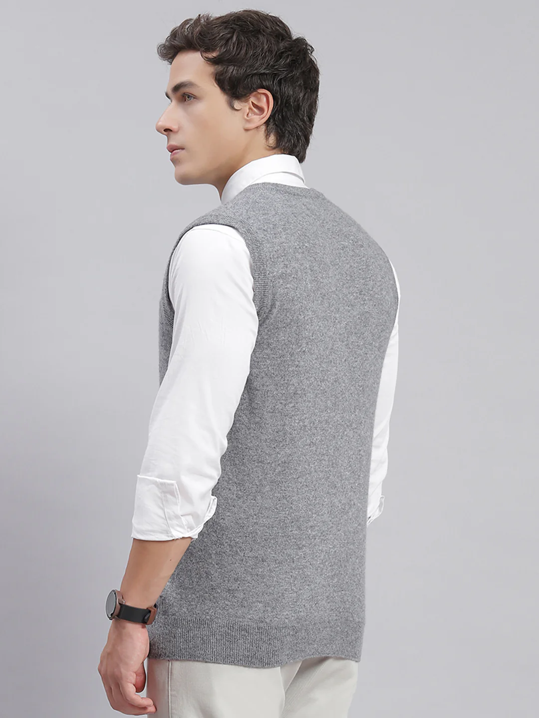 Men Grey Melange Solid V Neck Sleeveless Sweaters/Pullovers - Image 6