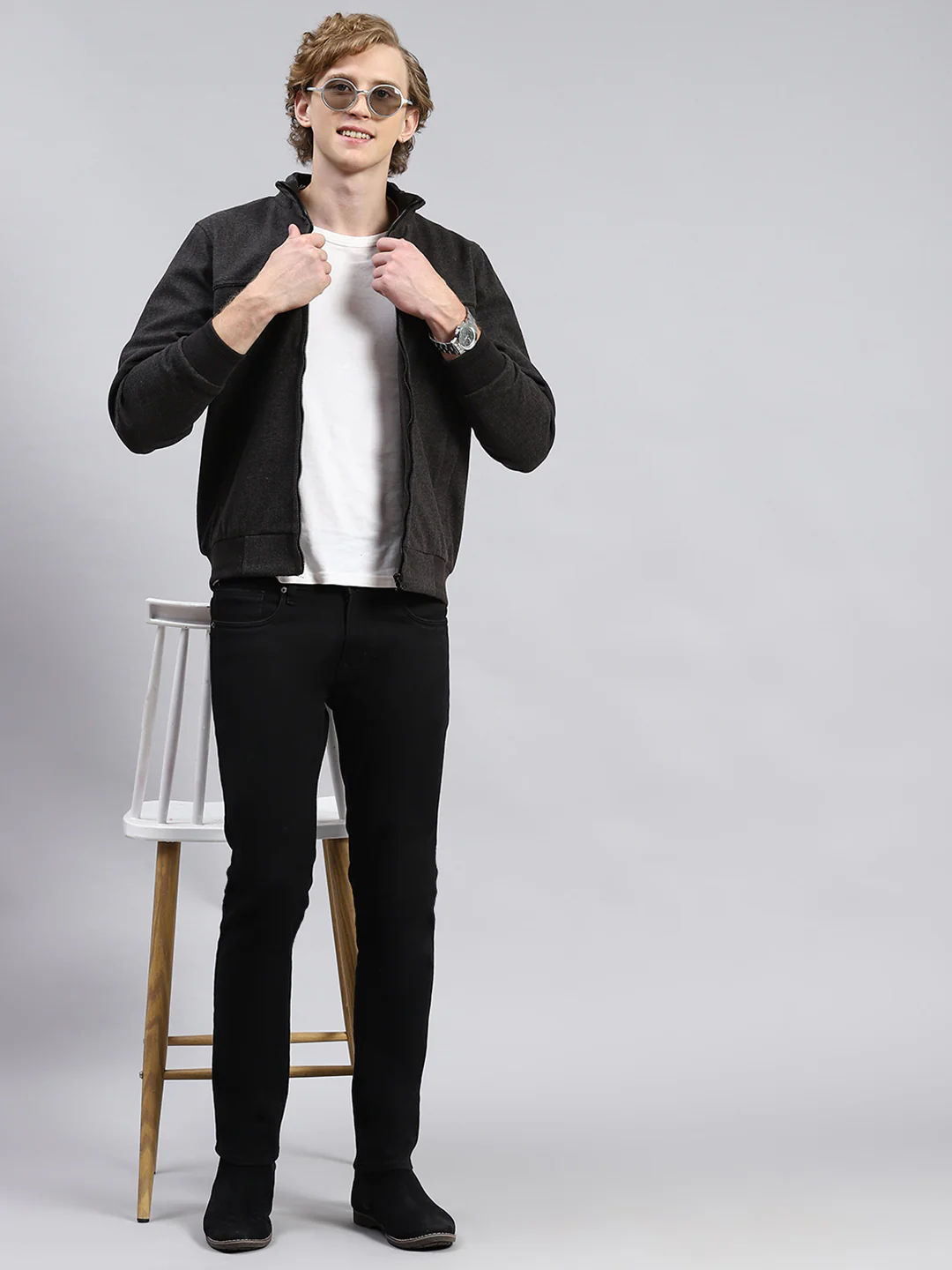 Men Grey Plain Jacket - Image 2