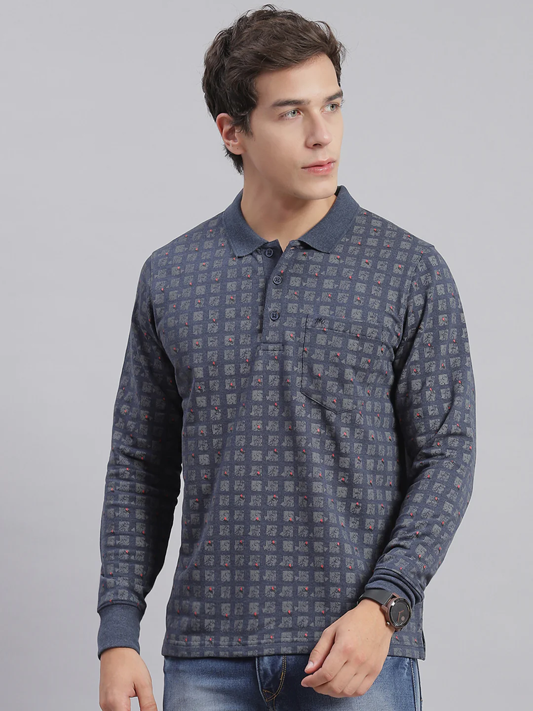 Men Grey Printed Collar Full Sleeve T-Shirts - Image 2