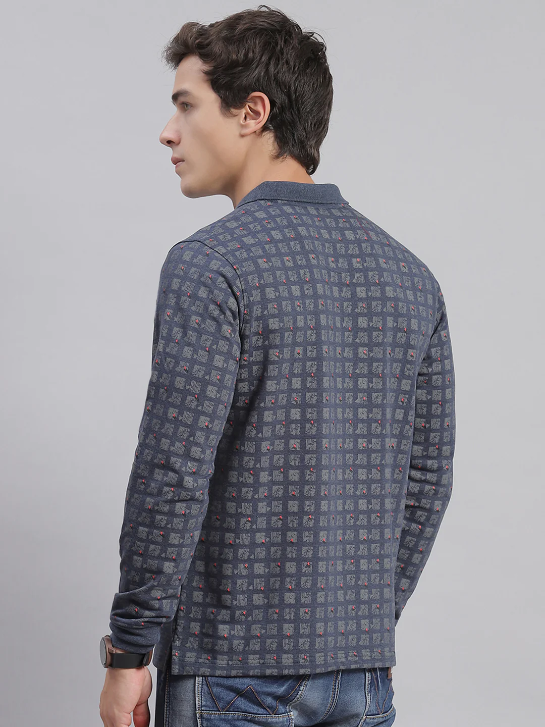Men Grey Printed Collar Full Sleeve T-Shirts - Image 5