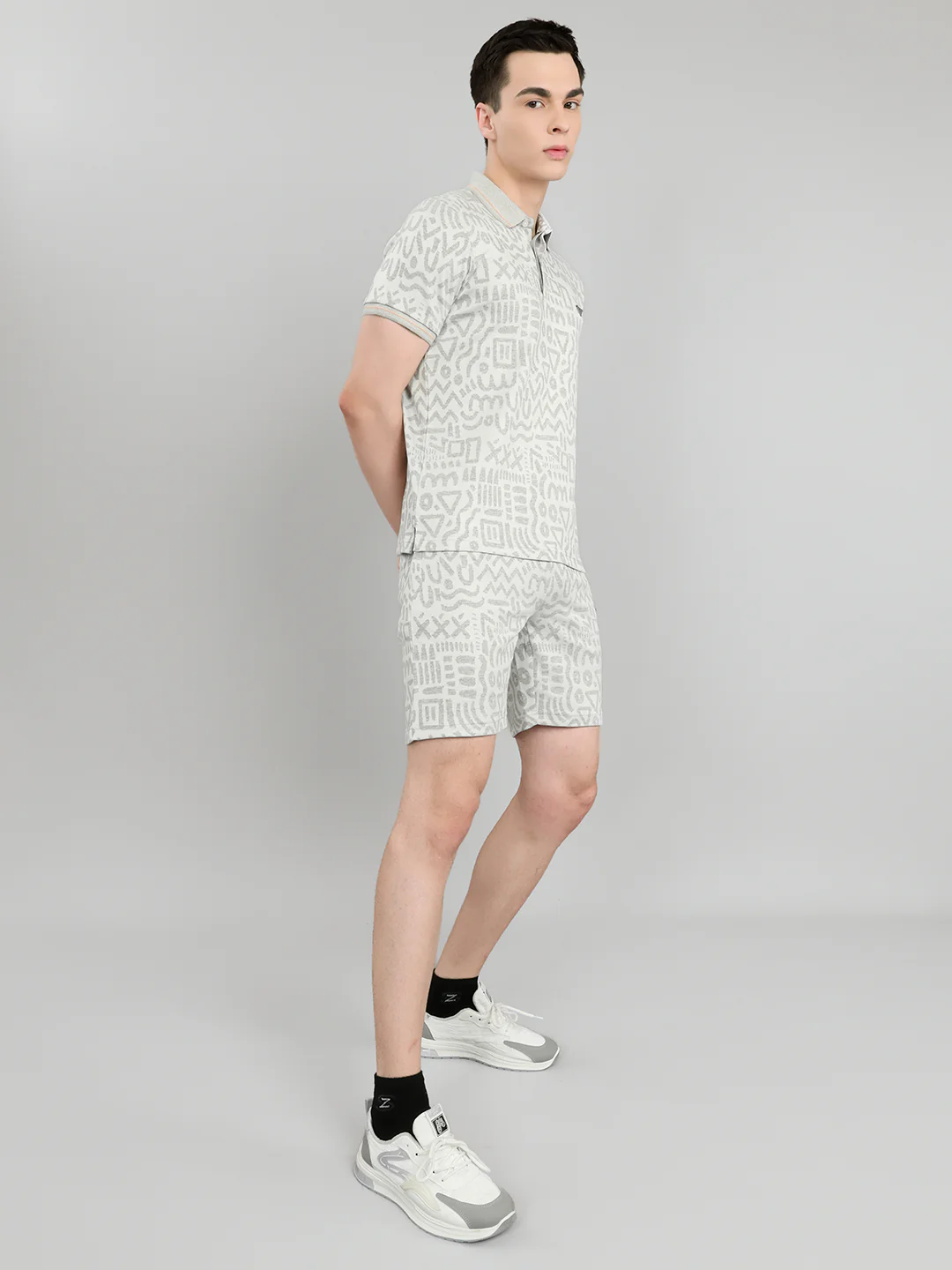 Men Grey Printed Collar Half Sleeve Bermuda Set - Image 3