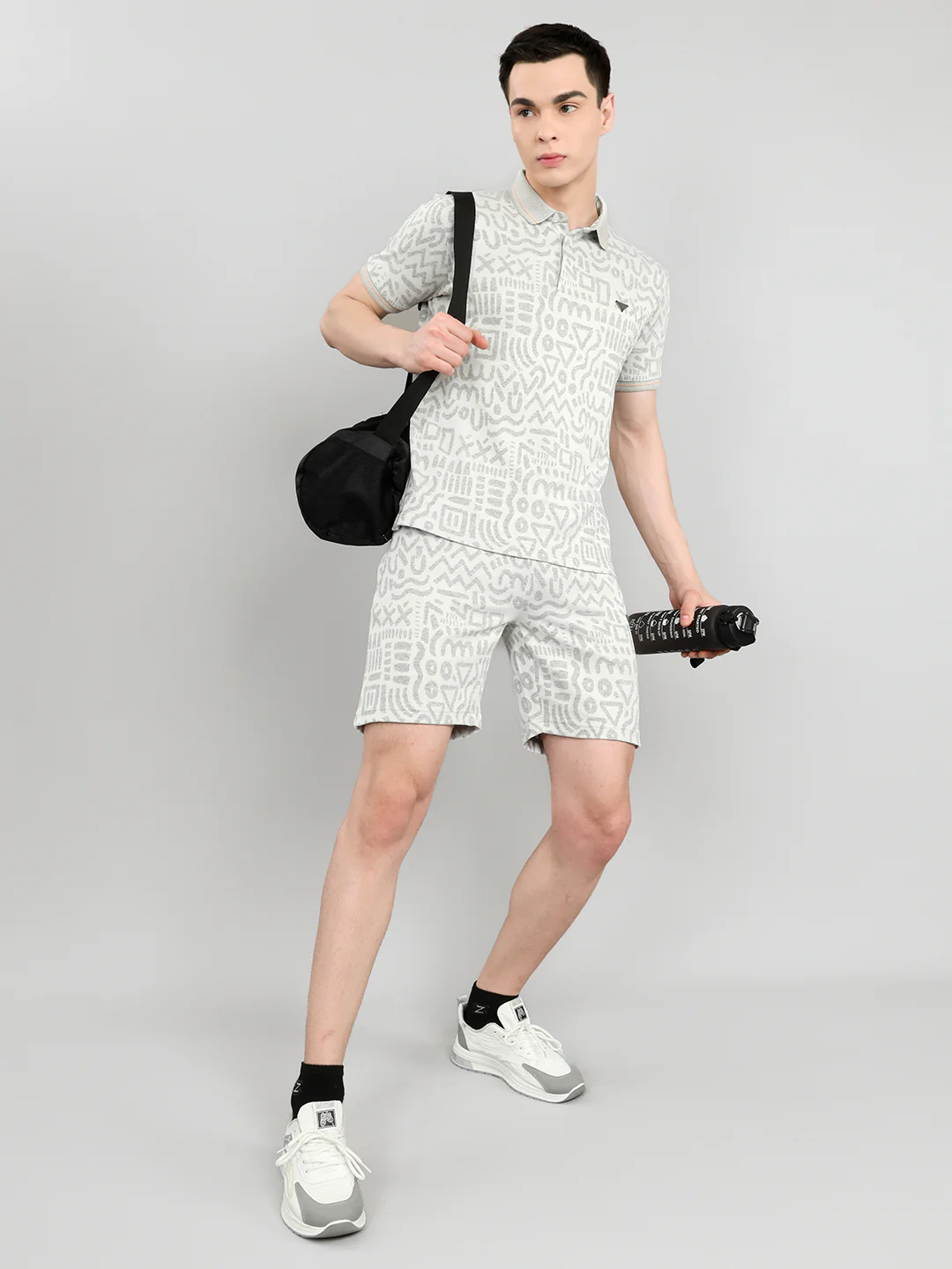 Men Grey Printed Collar Half Sleeve Bermuda Set - Image 6