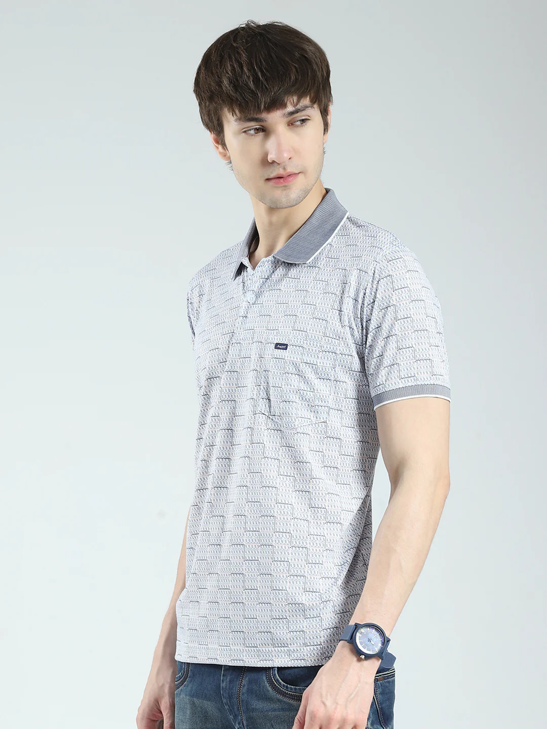 Men Grey Printed Collar Half Sleeve T-Shirt - Image 3