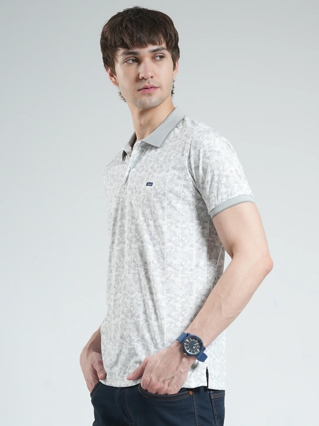Men Grey Printed Collar Half Sleeve T-Shirt - Image 3