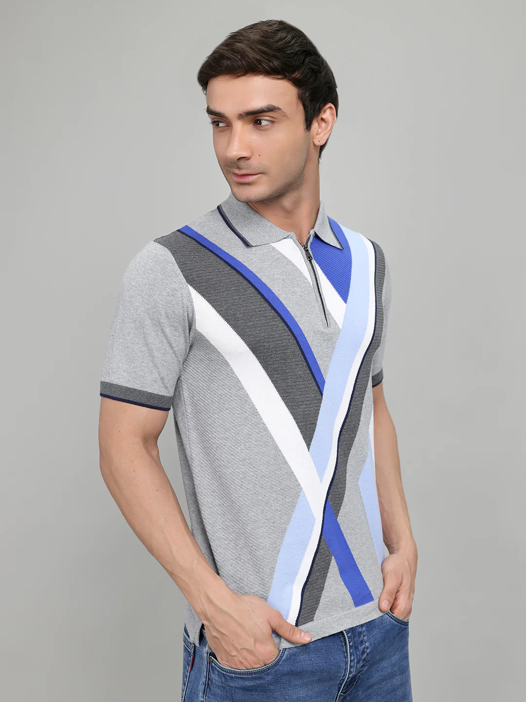 Men Grey Printed Collar Half Sleeve T-Shirt - Image 3