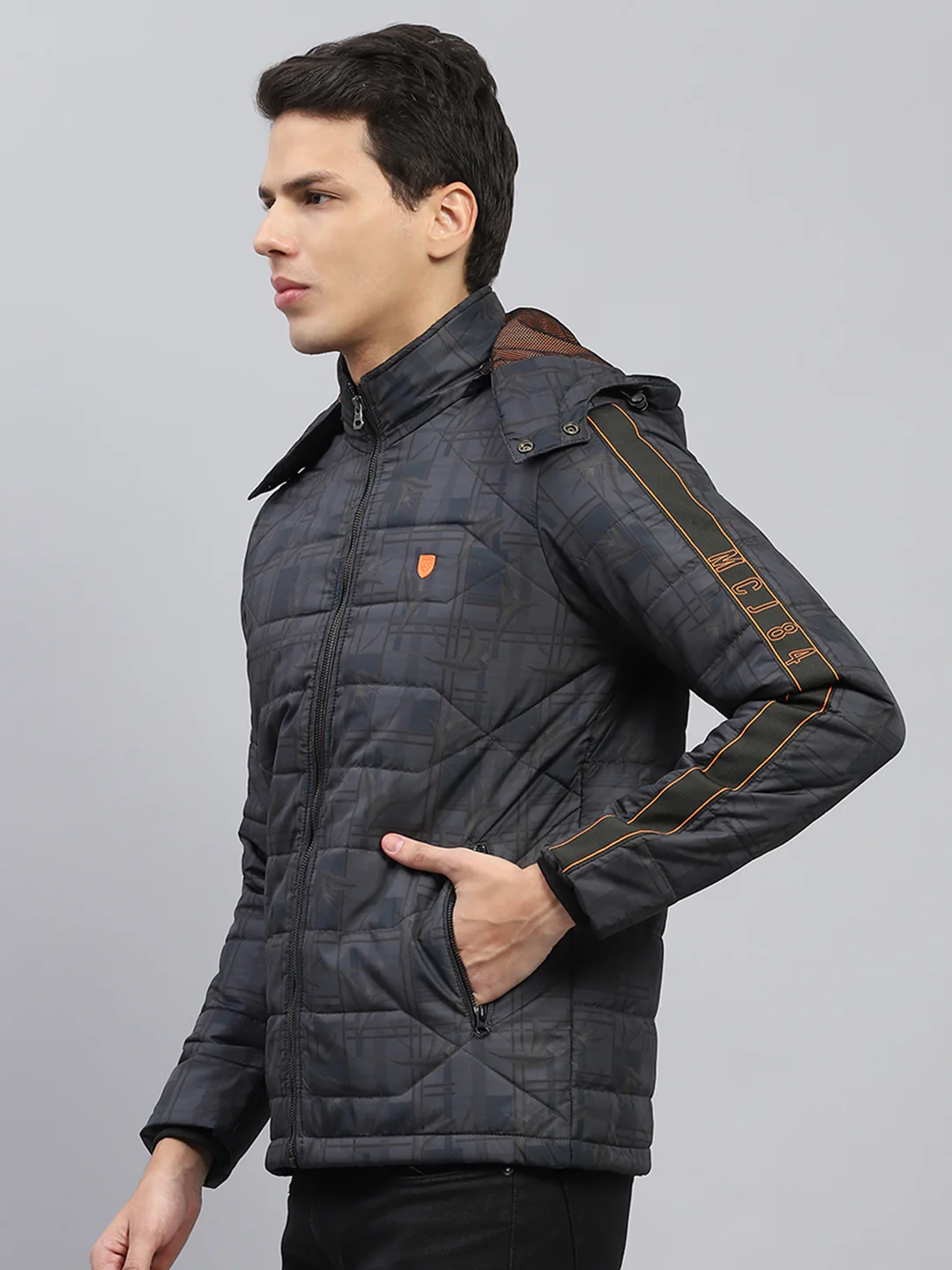 Men Grey Printed Detachable Hood Full Sleeve Jacket - Image 3