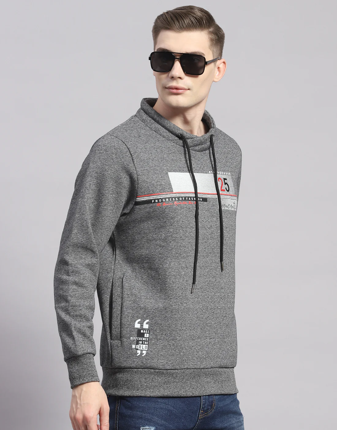 Men Grey Printed F Neck Full Sleeve Sweatshirt - Image 4