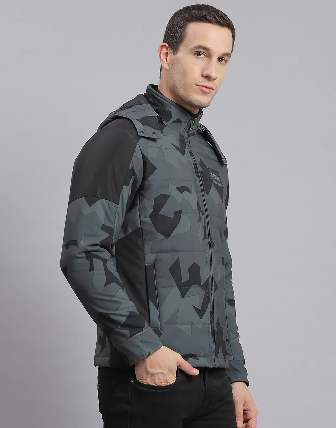 Men Grey Printed Hooded Full Sleeve Jacket - Image 4