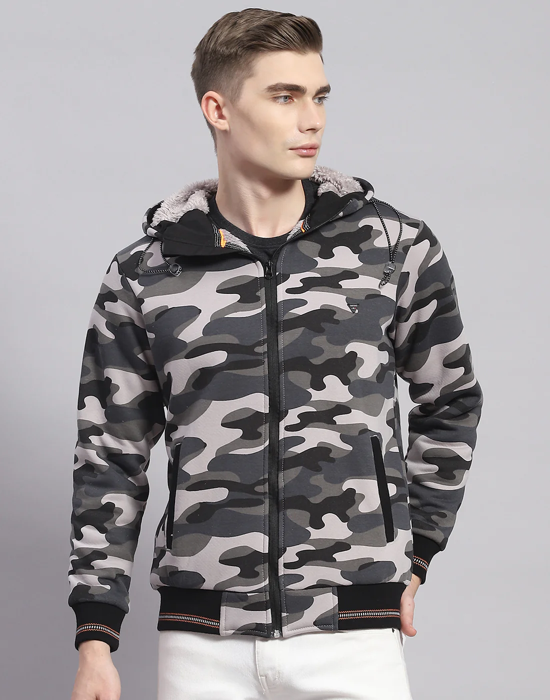 Men Grey Printed Hooded Full Sleeve Sweatshirt - Image 2