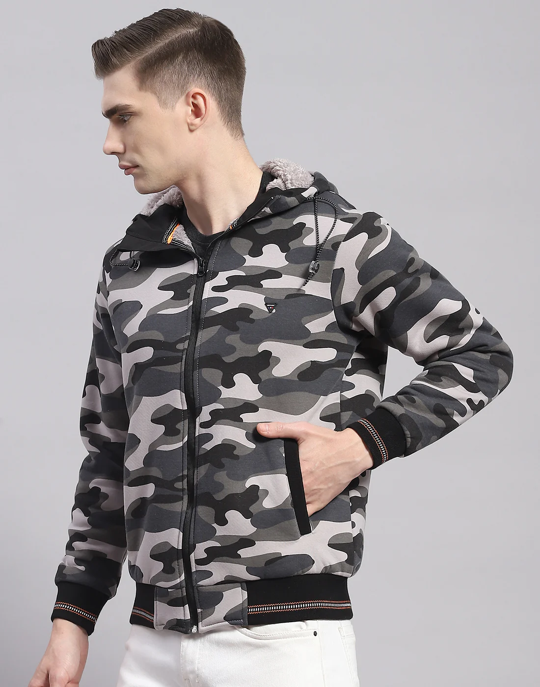 Men Grey Printed Hooded Full Sleeve Sweatshirt - Image 3