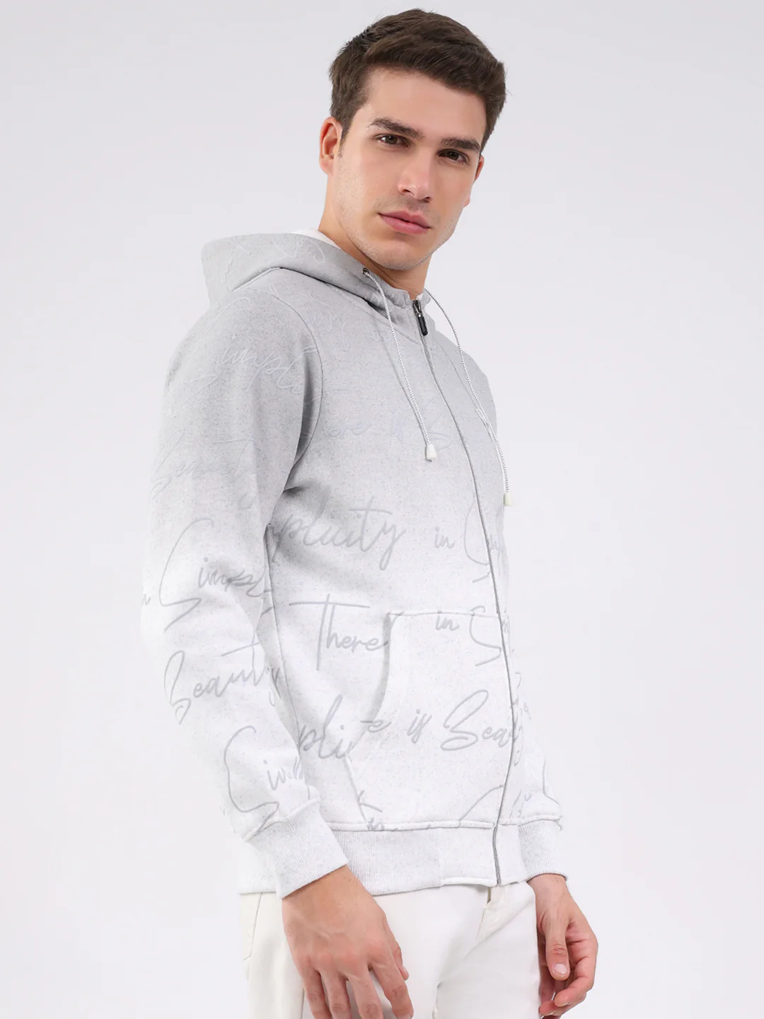 Men Grey Printed Hooded Full Sleeve Sweatshirt - Image 4