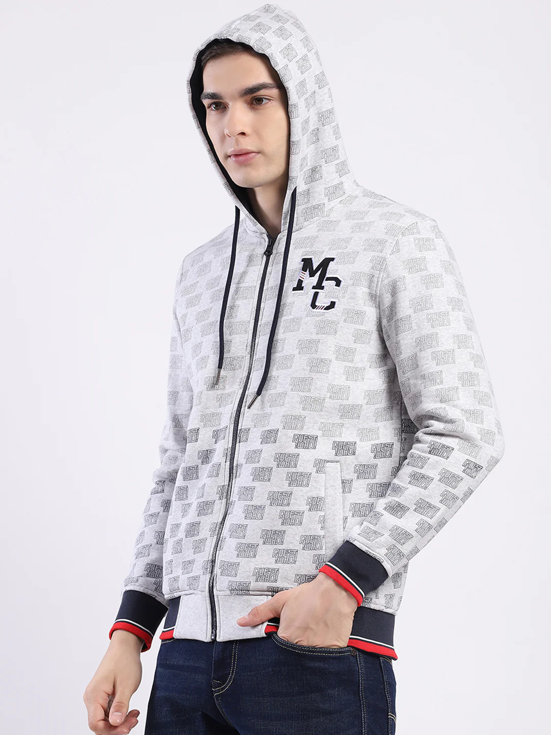 Men Grey Printed Hooded Full Sleeve Sweatshirt - Image 6